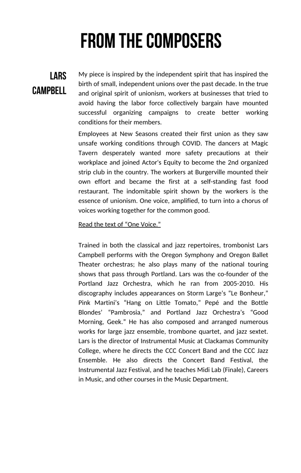 Composer Program Notes Union Makes Us Strong | Program Notes | Portland Jazz Composers Ensemble